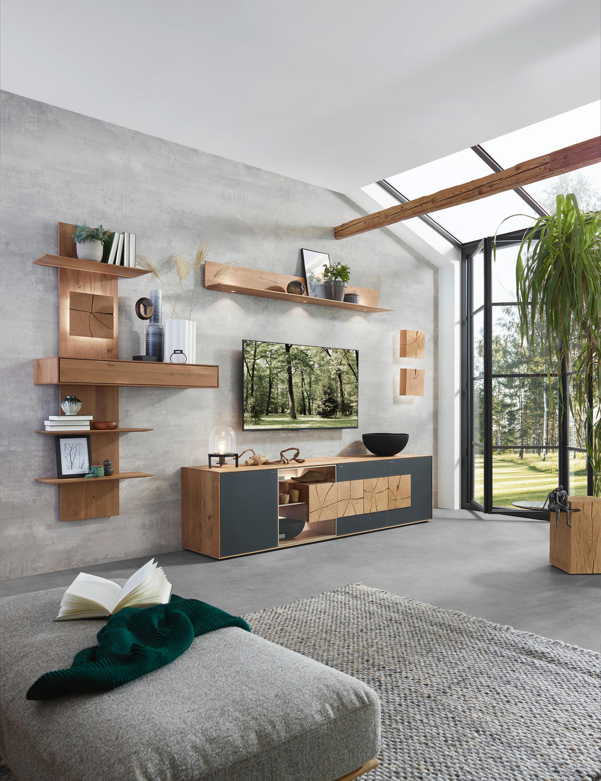 WOHNWAND  in Anthrazit, Eichefarben, Transparent 310/204/49 cm  - Eichefarben/Transparent, Natur, Glas/Holz (310/204/49cm) - Valnatura