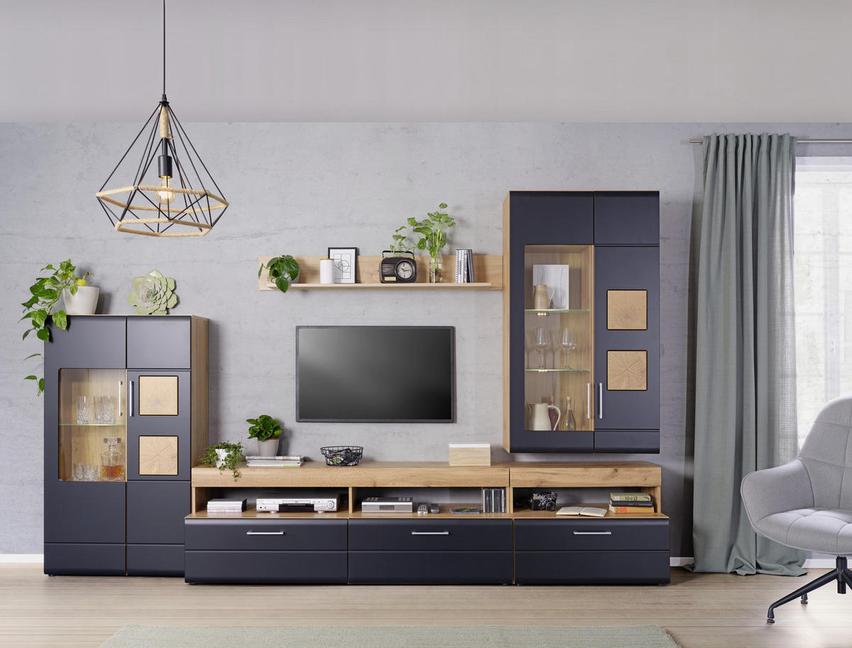 SET MOBILA LIVING in negru, culoare lemn stejar  - culoare crom/culoare lemn stejar, Konventionell, sticlă/metal (330/208/52cm) - Hom`in