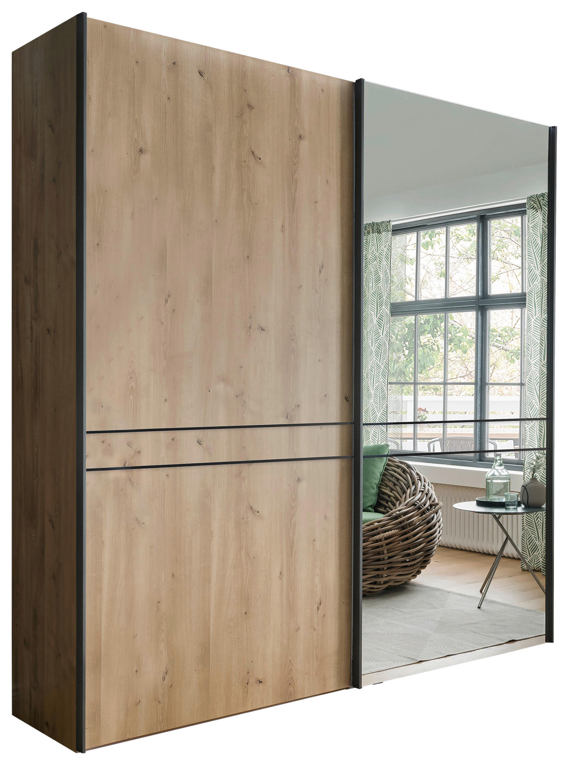 SCHWEBETÜRENSCHRANK  in Eiche Bianco  - Schieferfarben/Eiche Bianco, KONVENTIONELL, Glas/Holzwerkstoff (200/217/67cm) - Dieter Knoll