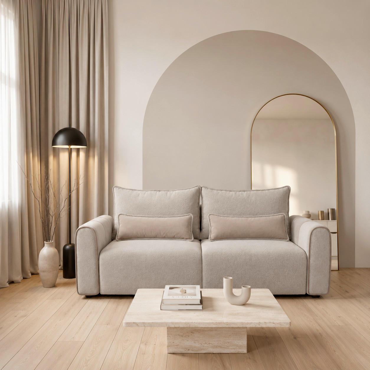 SCHLAFSOFA KIARA Bouclé Taupe  inkl.  - Taupe/Schwarz, Design, Kunststoff/Textil (235/100/100cm) - MID.YOU