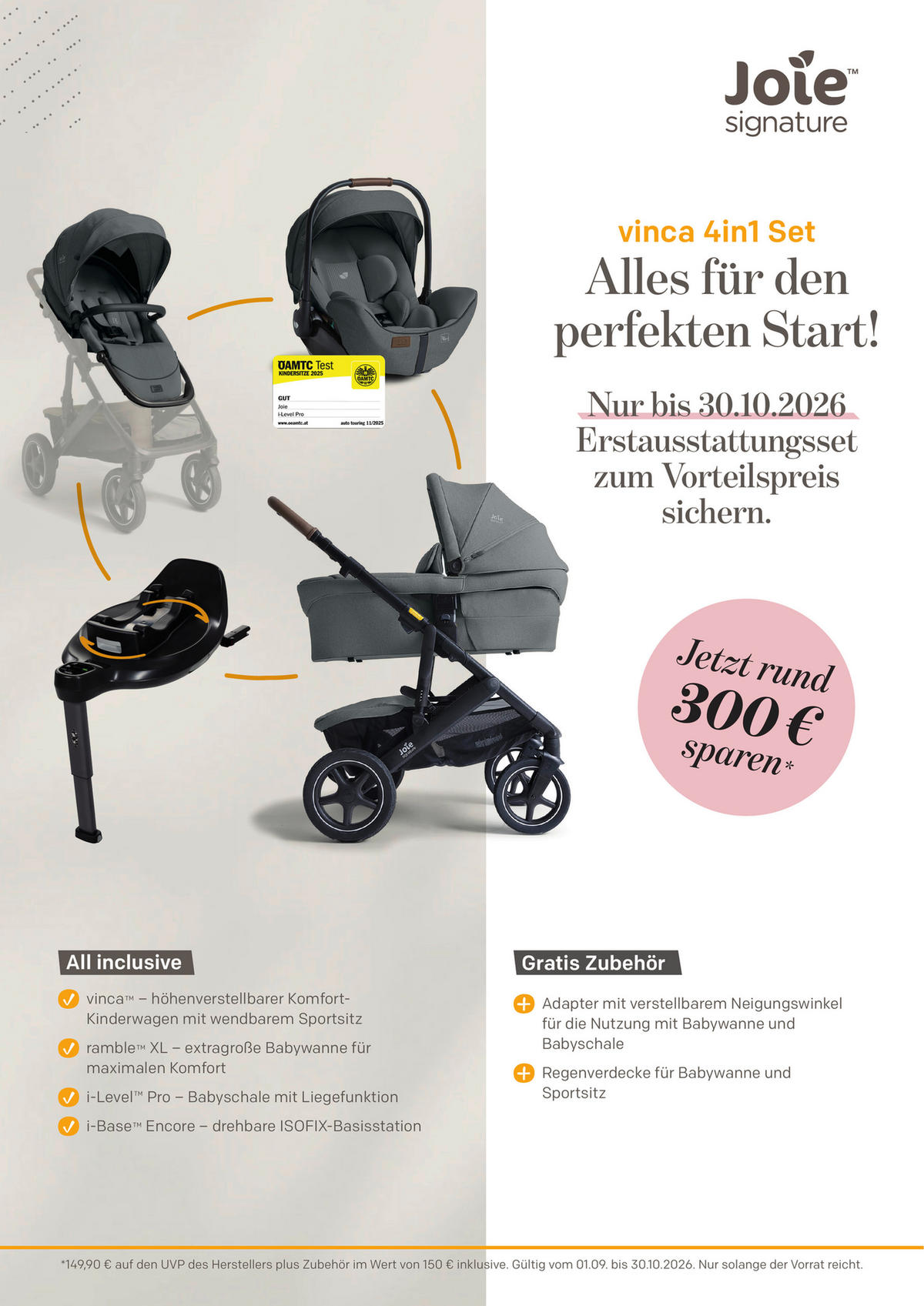 KINDERWAGENSET Vinca 4in1  - Graublau/Schwarz, Basics, Textil/Metall (65/109/97cm) - JOIE SIGNATURE