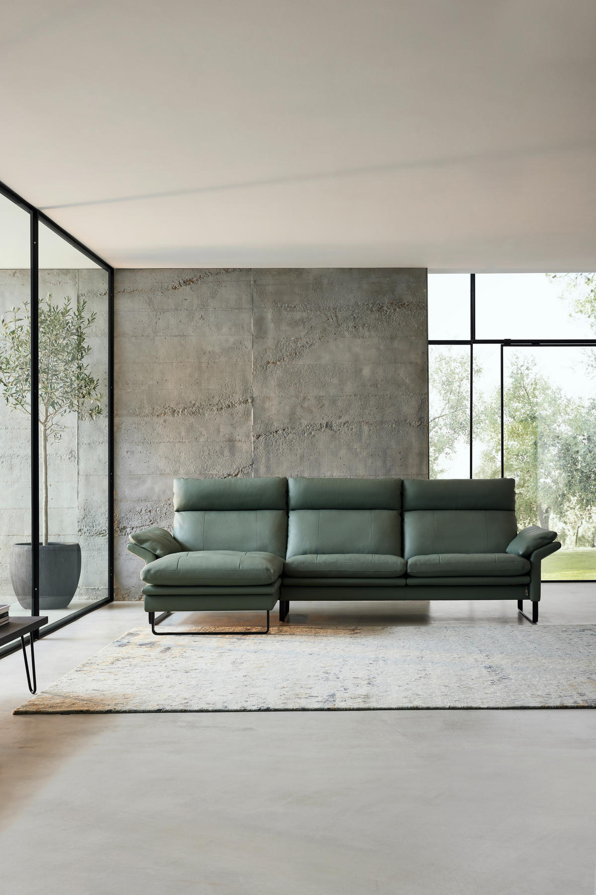 ECKSOFA Salbeigrün Echtleder  - Salbeigrün/Schwarz, KONVENTIONELL, Leder/Metall (148/277cm) - Erpo