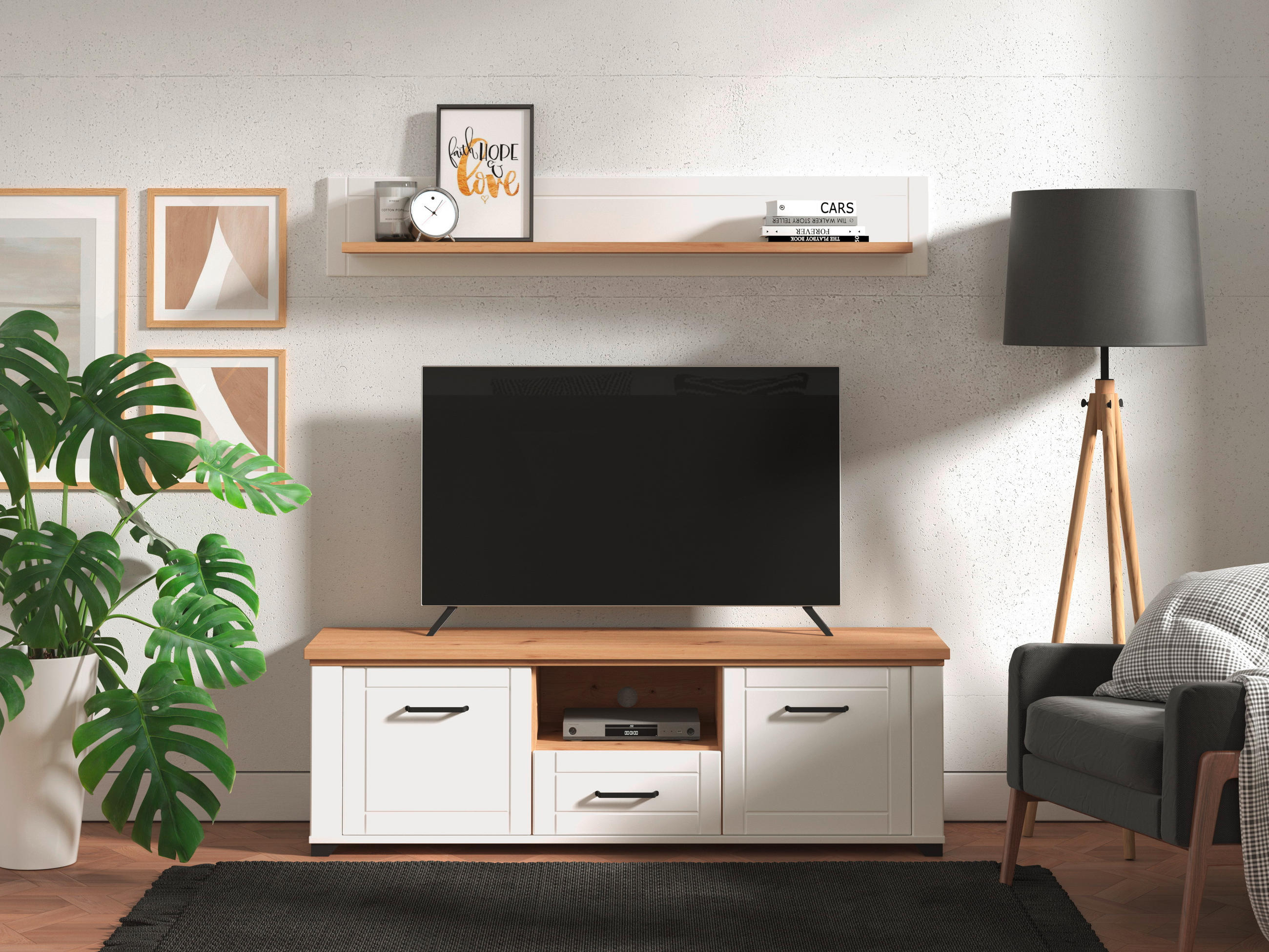 KOMODA POD TELEVIZI, bílá, dub artisan, 147/48/41 cm - bílá/černá, Basics, kompozitní dřevo/plast (147/48/41cm) - Landscape