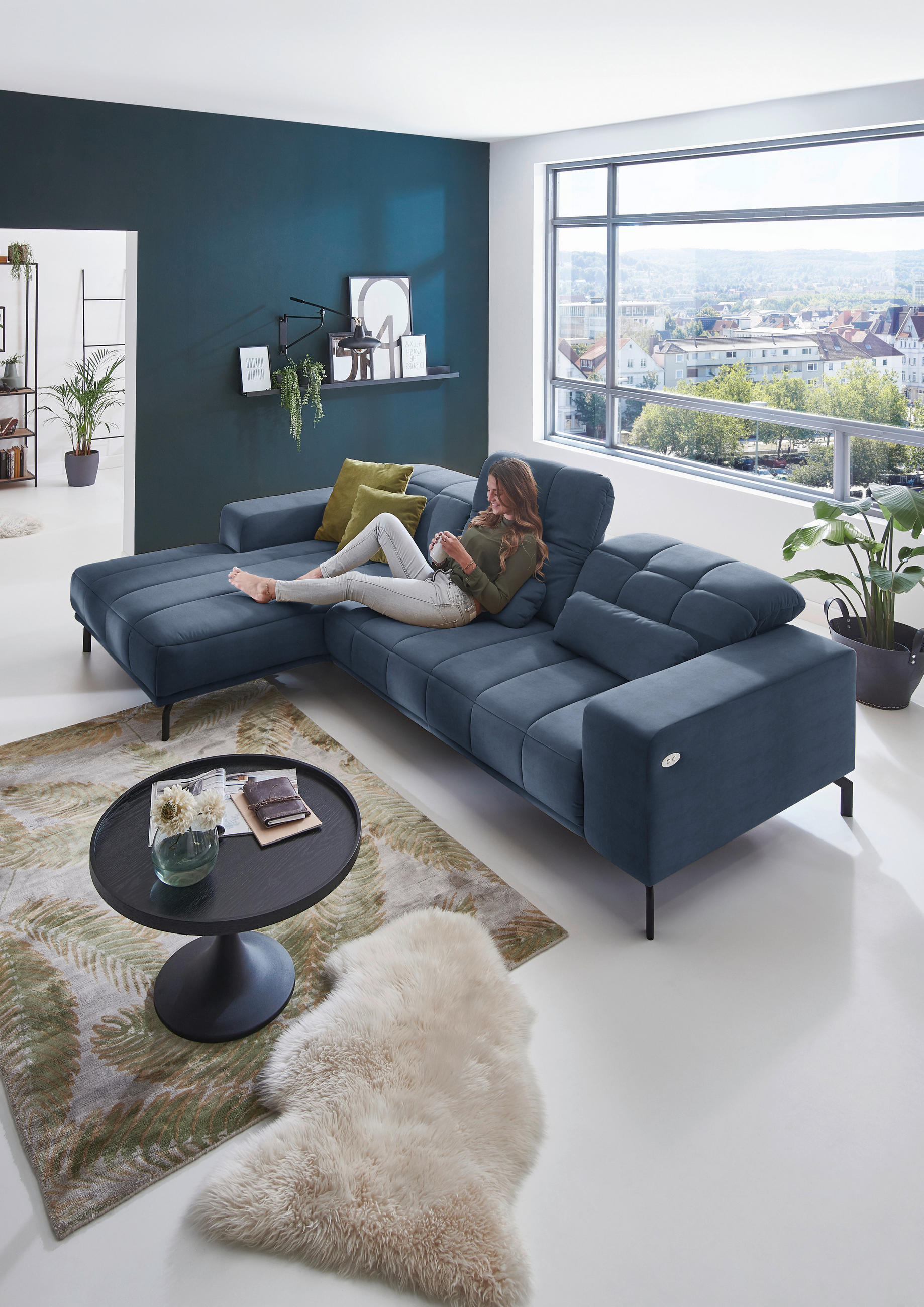 ECKSOFA Blau Velours  - Blau/Schwarz, Design, Textil/Metall (195/293cm) - Beldomo Style