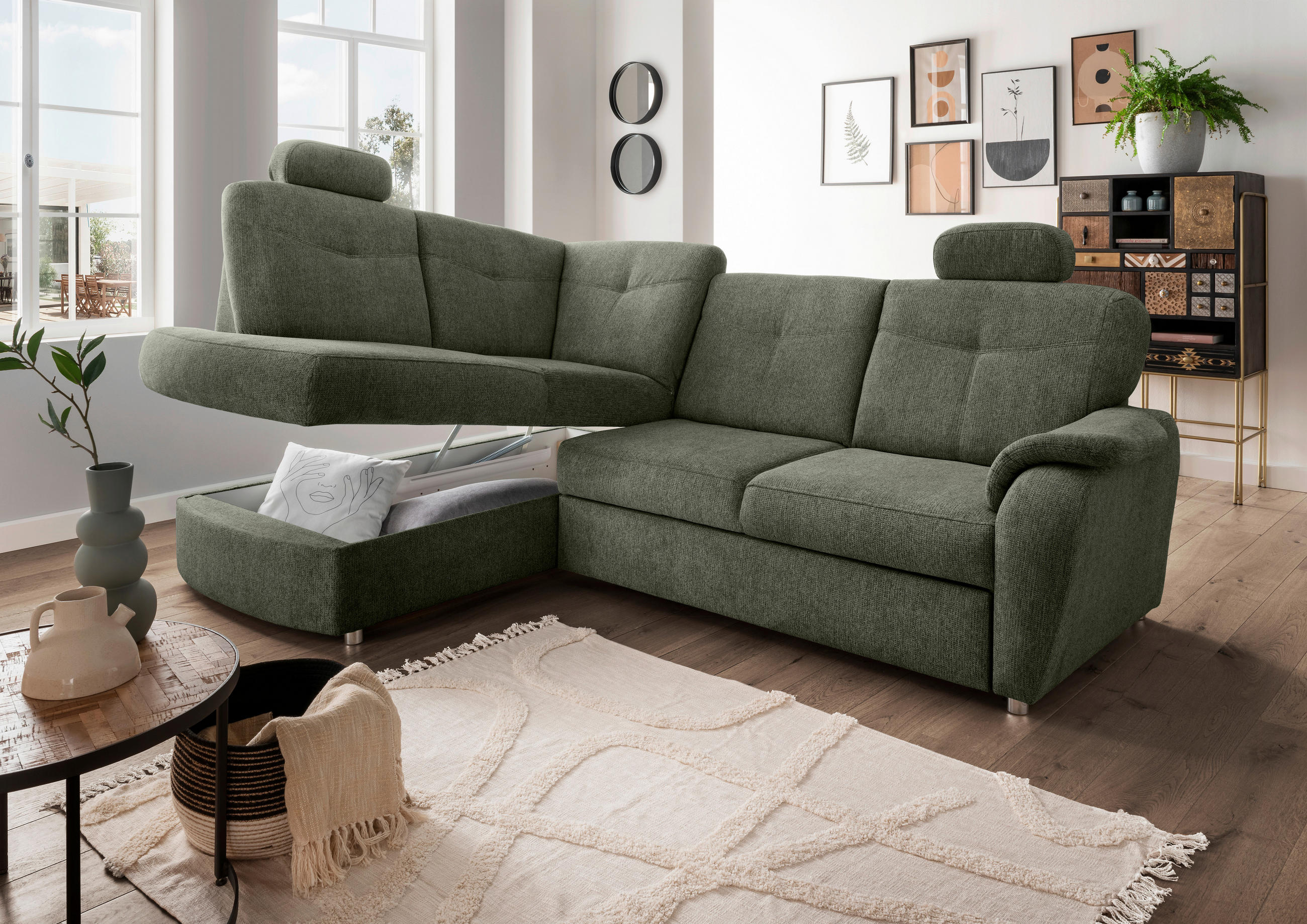 ECKSCHLAFSOFA in Chenille Dunkelgrün  - Chromfarben/Dunkelgrün, Modern, Kunststoff/Textil (180/264cm) - Livetastic