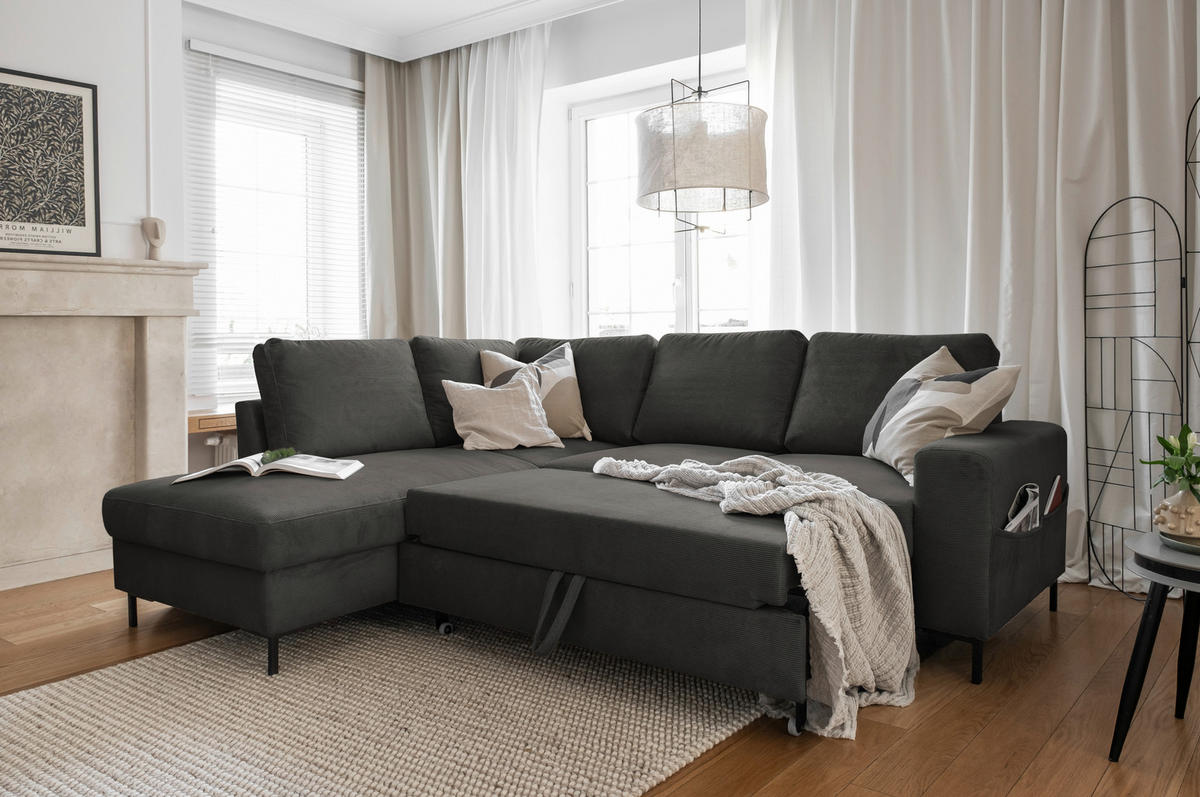 ECKSOFA in Cord Grau  - Schwarz/Grau, Design, Textil/Metall (197/237cm) - MID.YOU