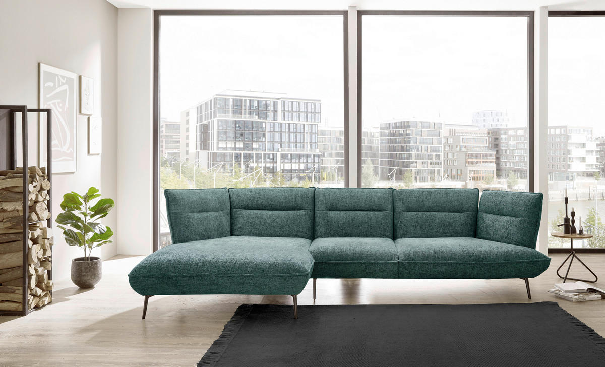ECKSOFA in Flachgewebe Blau, Grün  - Blau/Schwarz, Design, Textil/Metall (153/339cm) - Moderano