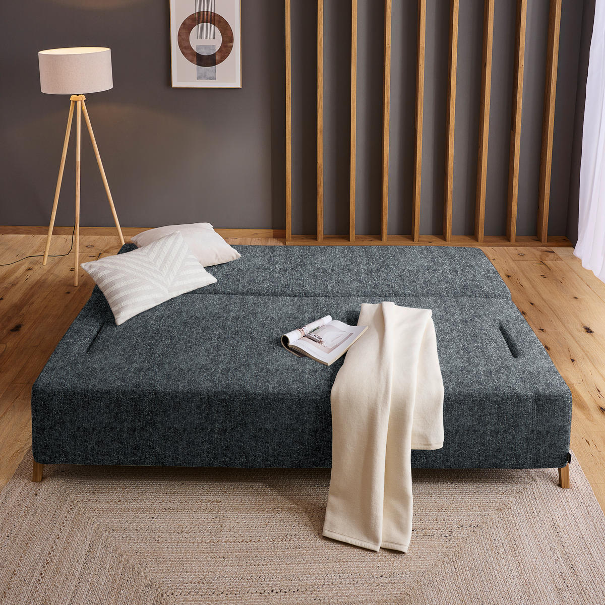 SCHLAFSOFA  mit Stoffauswahl, Armlehnen seitenverkehrt montierbar, Armteil links Struktur Dunkelgrau  - Dunkelgrau/Naturfarben, Design, Holz/Textil (211/88/102cm) - Niels Andersson
