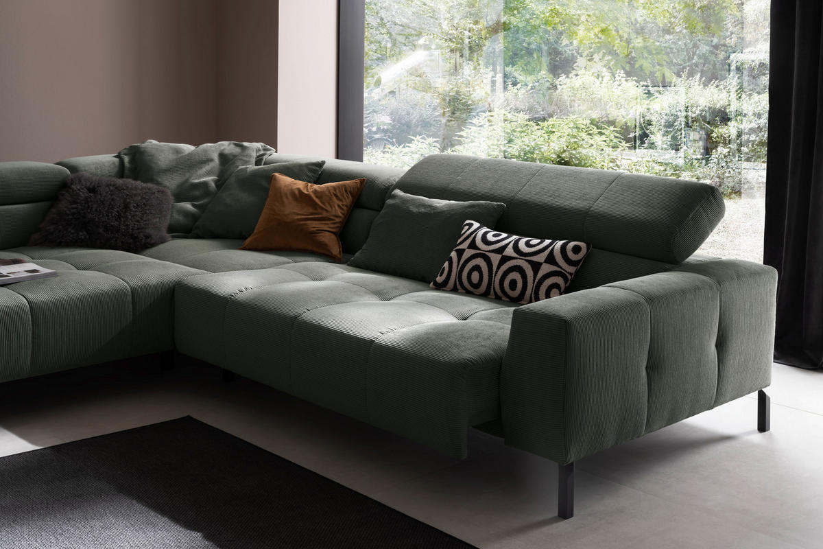ECKSOFA in Feincord Olivgrün  - Schwarz/Olivgrün, Konventionell, Textil/Metall (219/311cm) - Hom`in