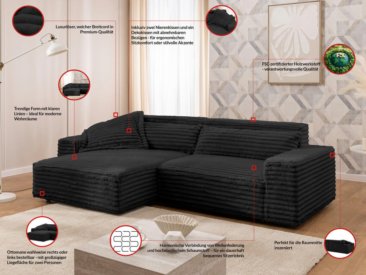 ECKSOFA Curduroy in Cord Anthrazit Rückenkissen  251/142 cm  - Anthrazit/Schwarz, Design, Kunststoff/Textil (251/142cm) - P & B