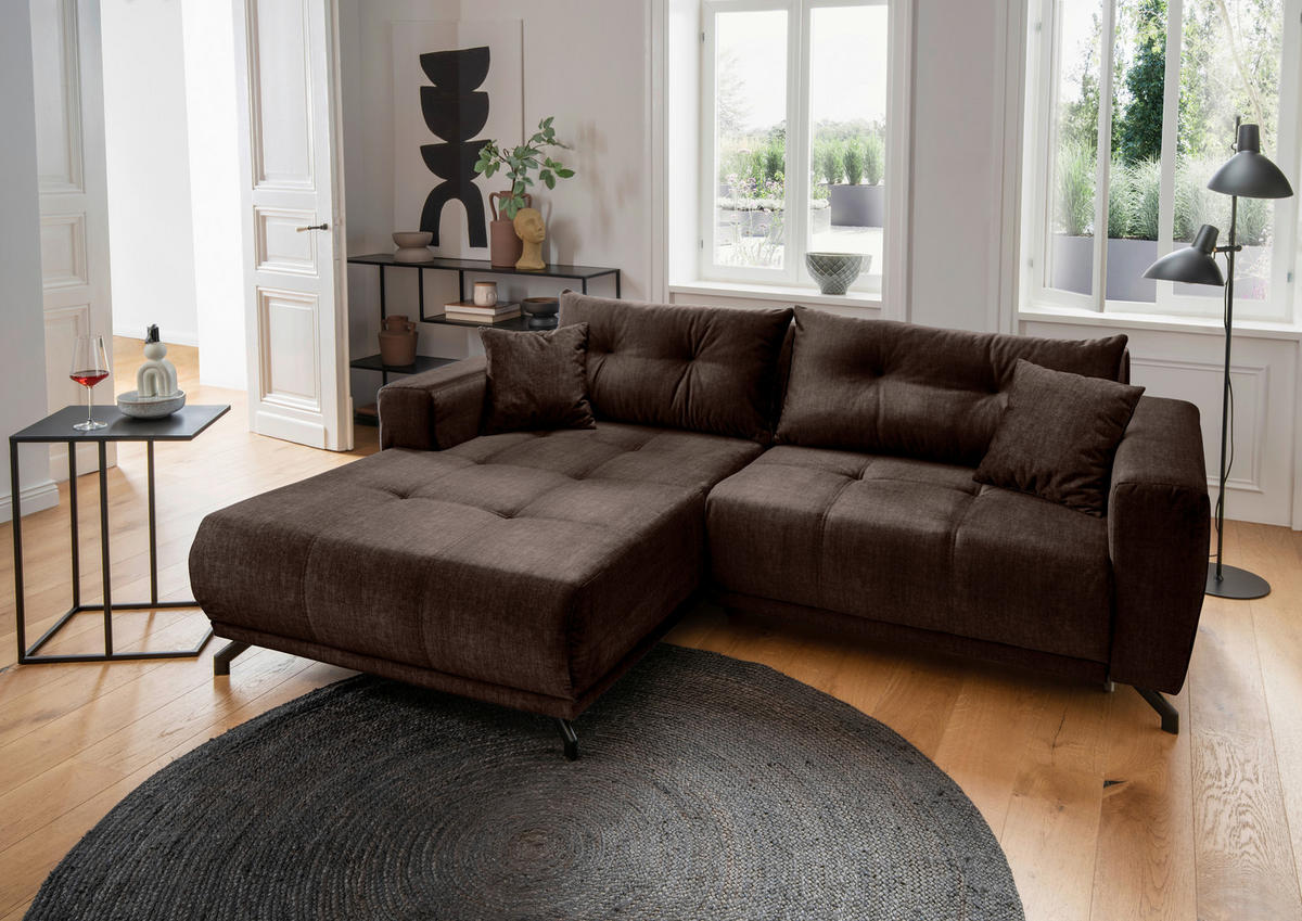ECKSOFA RESTATO Dunkelbraun Velours  - Dunkelbraun/Schwarz, MODERN, Textil/Metall (177/246cm) - MID.YOU