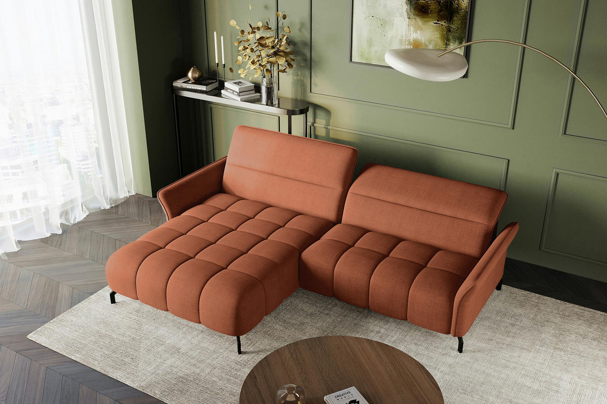 ECKSOFA Rostfarben Flachgewebe Rücken echt, Kopfteilverstellung, Sitztiefenverstellung  - Rostfarben/Schwarz, KONVENTIONELL, Textil/Metall (175/272cm) - Carryhome