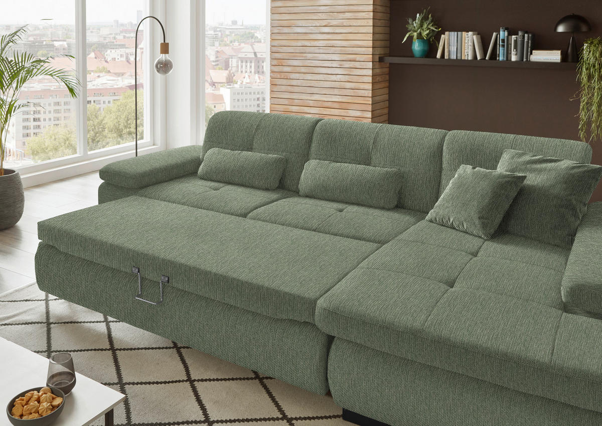 ECKSOFA in Flachgewebe Grün  - Schwarz/Grün, Design, Textil/Metall (297/174cm) - Beldomo Style