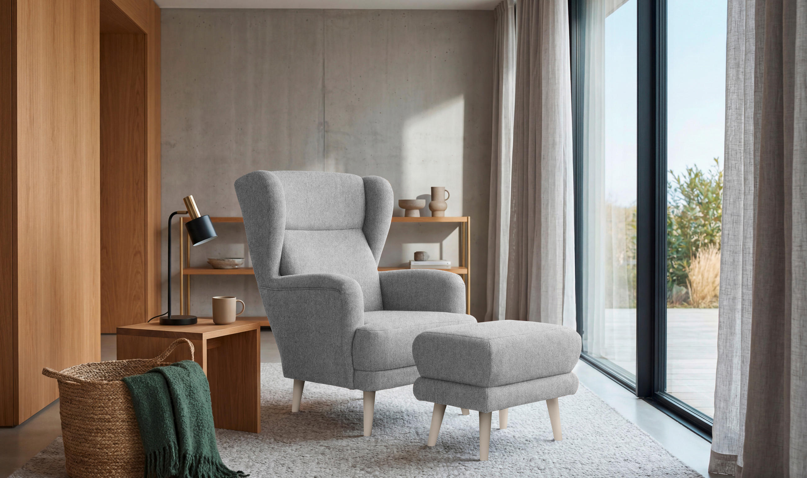 HOCKER MINA Mikrovelours Hellgrau  - Kaschmir/Hellgrau, MODERN, Holz/Textil (63/43/42cm) - MID.YOU