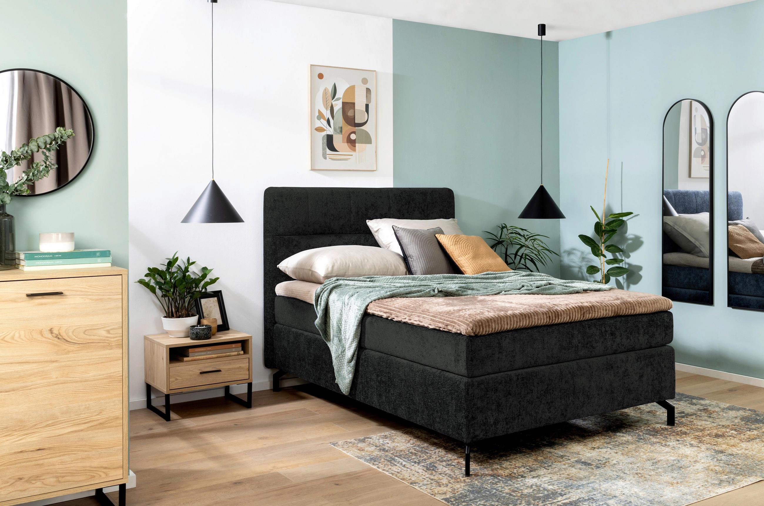 Thumbnail - Esposa Boxspringbett, Schwarz, Textil, H3, Höhe ca. 17 cm, 140x200 cm, Stoffauswahl, Topper durchgehend, Matratze in ver...