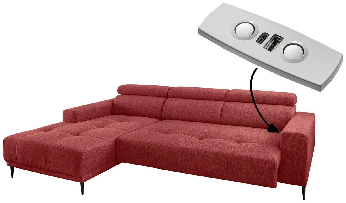 ECKSOFA Rot Chenille  - Rot/Schwarz, KONVENTIONELL, Textil/Metall (188/276cm) - Livetastic