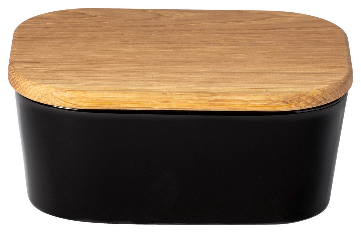 BUTTERDOSE Keramik, Holz Feinsteinzeug  - Schwarz Hochglanz/Eichefarben, Basics, Keramik/Holz (16/6/12cm) - Costa Nova