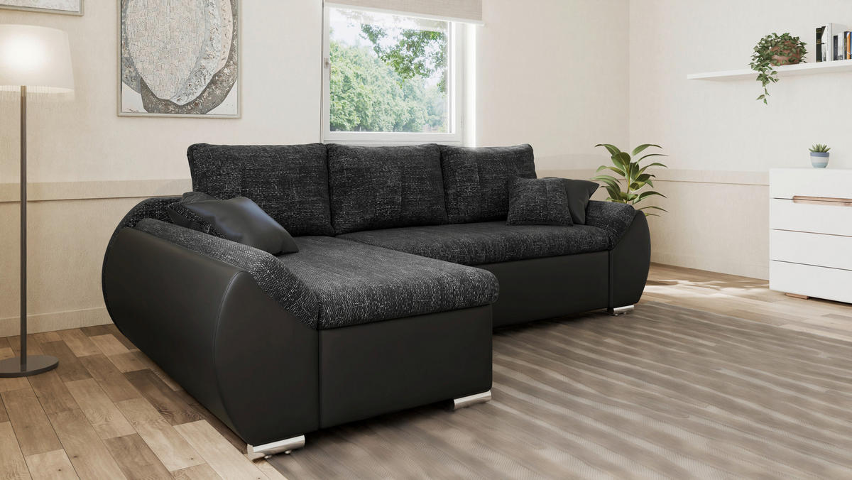ECKSOFA  AURO Schwarz  - Silberfarben/Schwarz, Design, Kunststoff/Textil (275/155cm) - MID.YOU