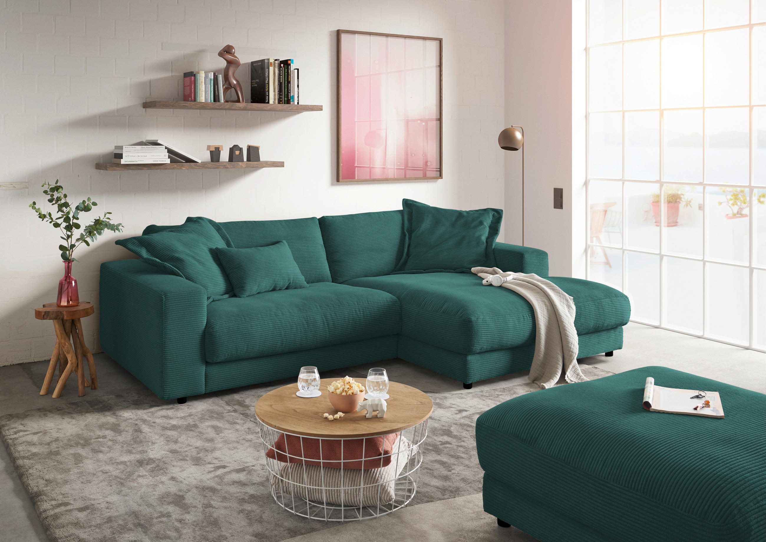 ECKSOFA in Cord Waldgrün  - Waldgrün/Schwarz, Design, Kunststoff/Textil (270/190cm) - Lomoco