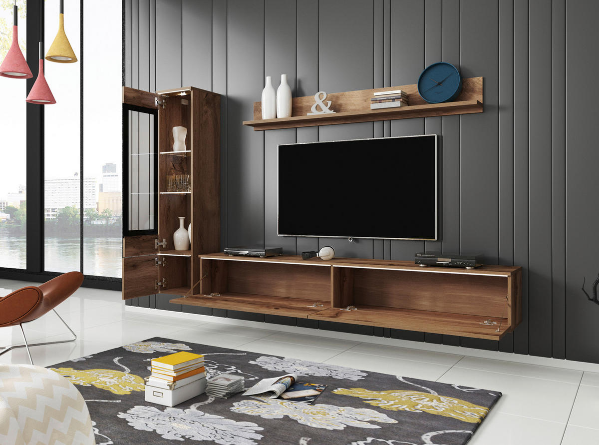 WOHNWAND 3-teilig  in Eiche Wotan  210/130/33 cm  - Eiche Wotan/Grau, LIFESTYLE, Glas/Holzwerkstoff (210/130/33cm) - P & B