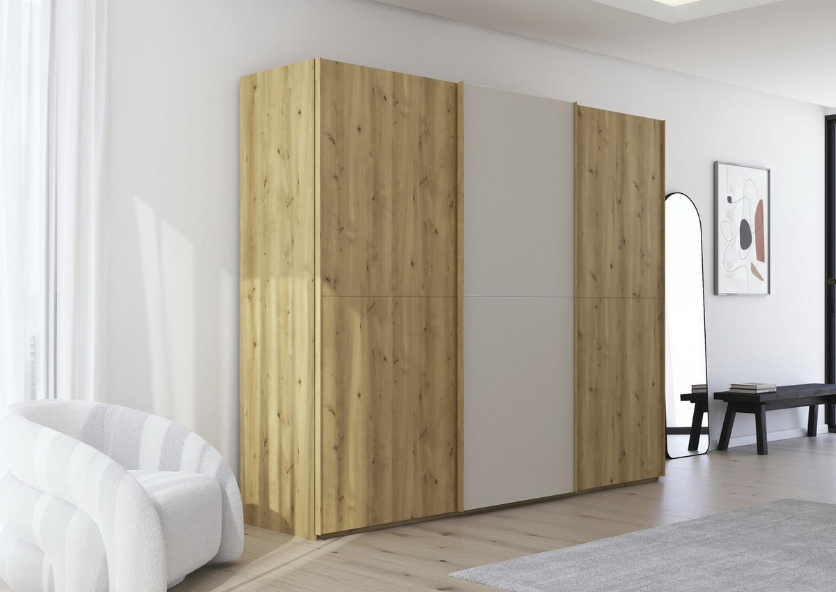 SCHWEBETÜRENSCHRANK 270/223/68 cm 3-türig Eichefarben, Champagner  - Champagner/Eichefarben, Design, Glas/Holz (270/223/68cm) - Novel