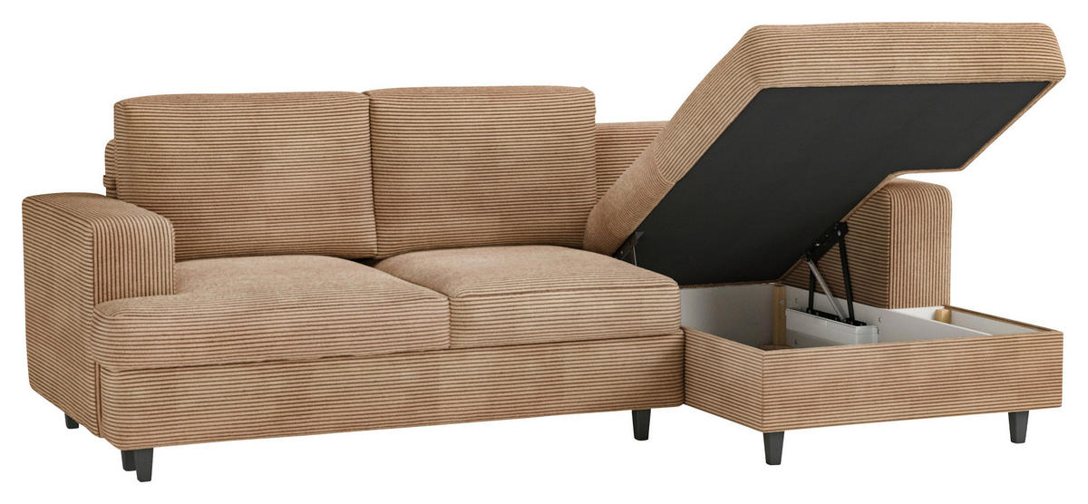 ECKSOFA in Cord, Velours Hellbraun  - Hellbraun/Schwarz, Design, Holz/Textil (247/140cm) - MID.YOU