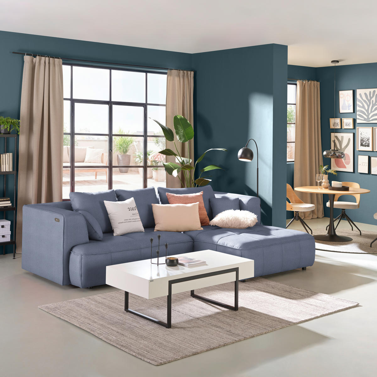 ECKSOFA  in Feincord Blaugrau  288/188 cm  - Blaugrau/Schwarz, Design, Kunststoff/Textil (288/188cm) - Welnova