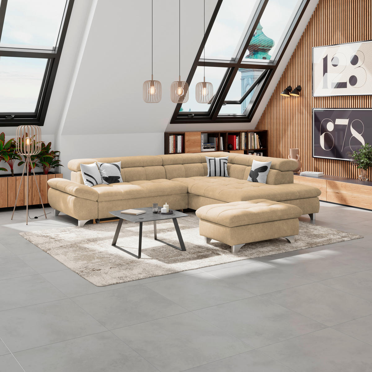HOCKER in Textil Sandfarben  - Sandfarben/Chromfarben, Konventionell, Textil/Metall (108/46/108cm) - Livetastic