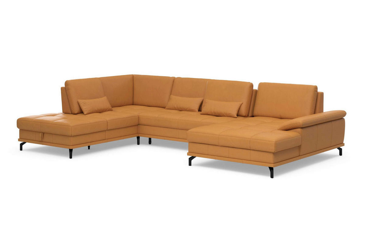 WOHNLANDSCHAFT COSTELLO E Currygelb Kombination Echtleder/Stoff Mikrofaser  - Currygelb/Schwarz, Basics, Leder/Textil (223/363/176cm) - Sit & More
