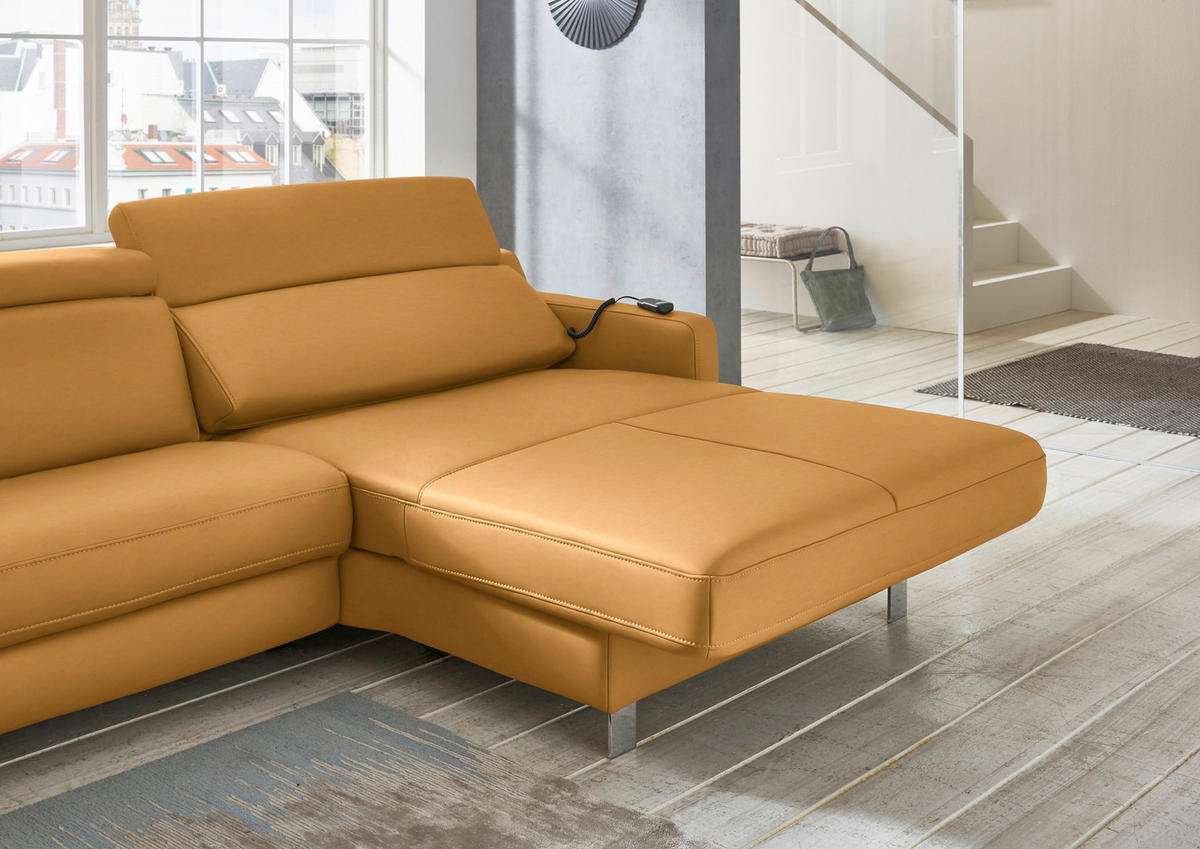 ECKSOFA in Echtleder Currygelb  - Chromfarben/Currygelb, Design, Leder/Metall (291/176cm) - Valdera