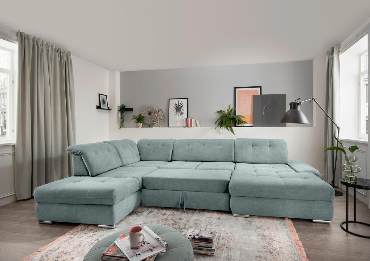 WOHNLANDSCHAFT Blau Chenille  - Chromfarben/Blau, Design, Textil/Metall (254/376/195cm) - Livetastic