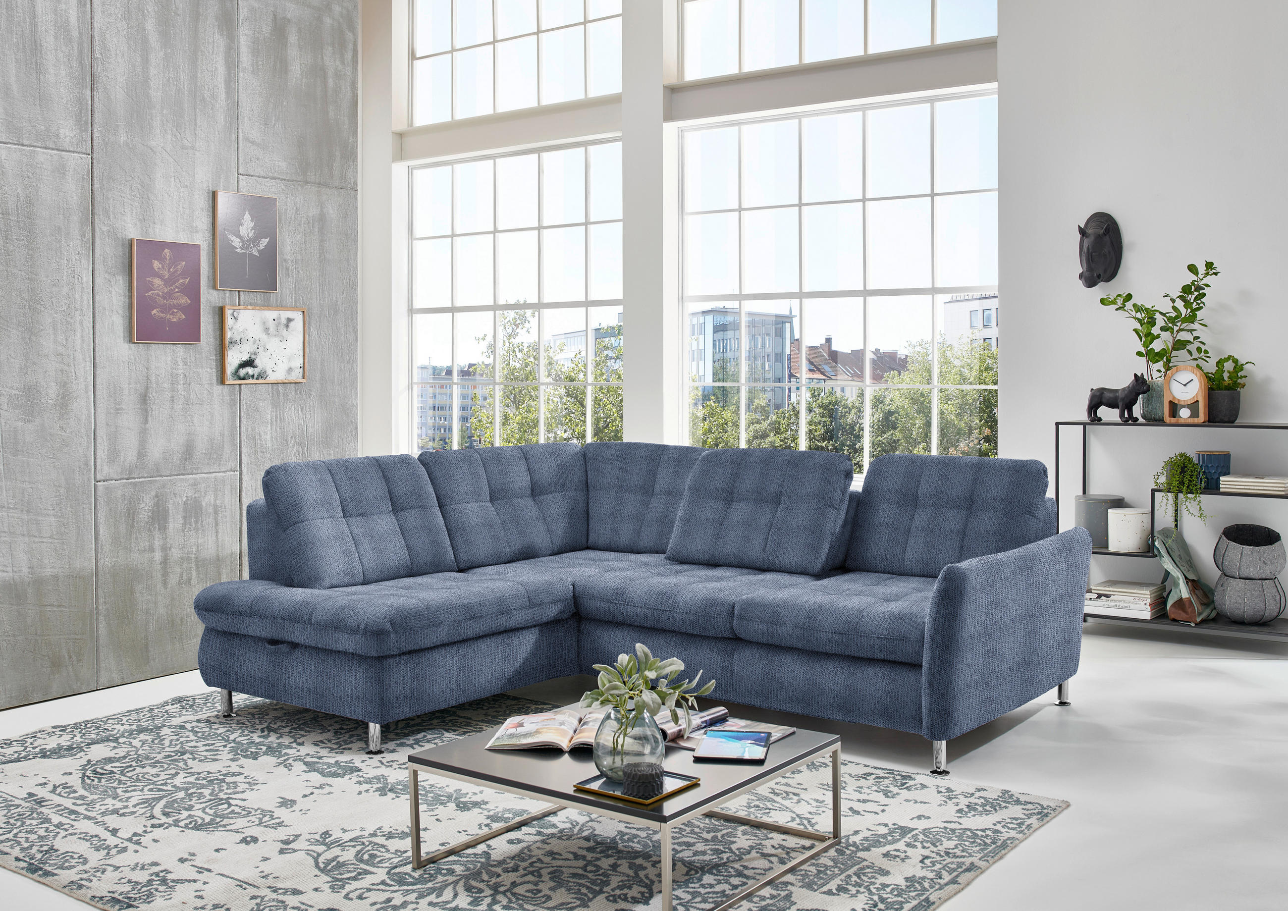 ECKSOFA Blau Webstoff  - Chromfarben/Blau, KONVENTIONELL, Textil/Metall (210/242cm) - Beldomo Style