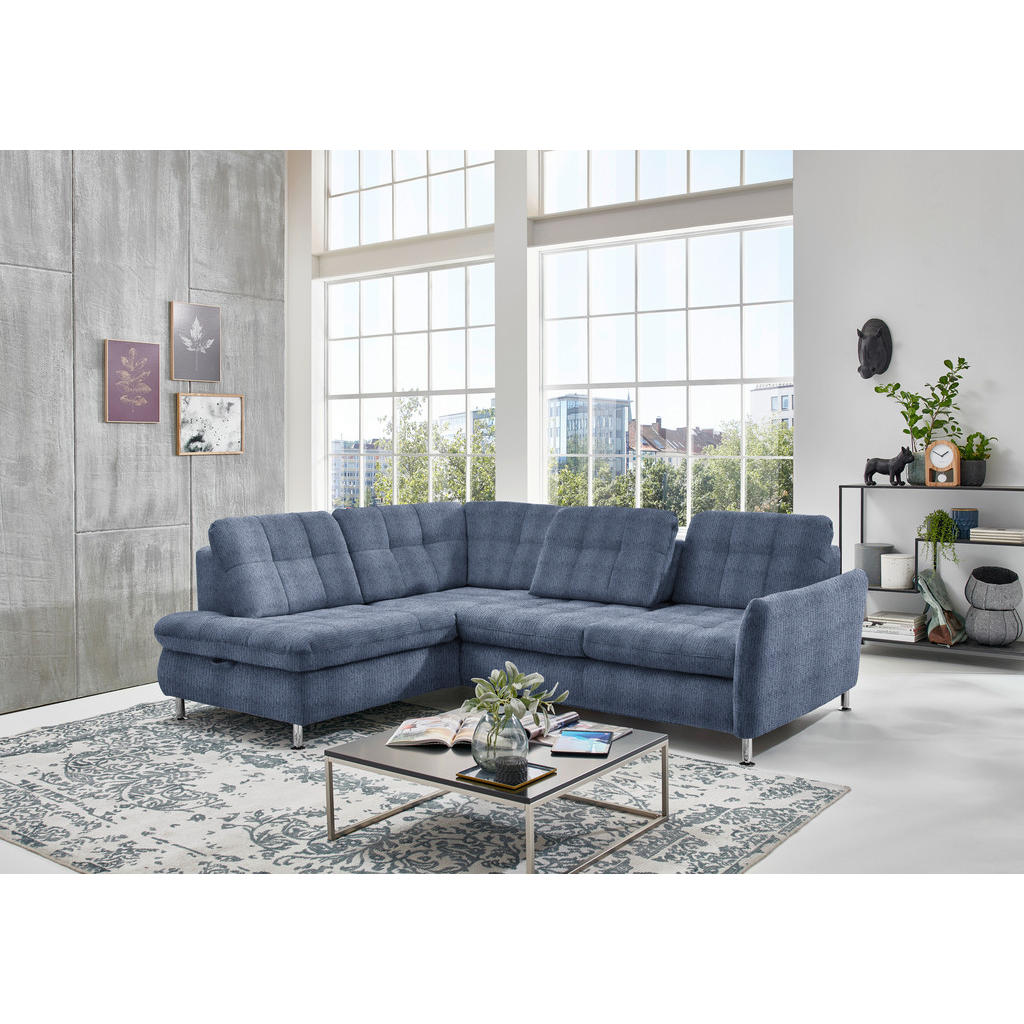 Thumbnail - Beldomo Style Ecksofa, Blau, Textil, 3-Sitzer, Ottomane links, L-Form, 242x210 cm, Goldenes M, Bettkasten erhältlich, St...