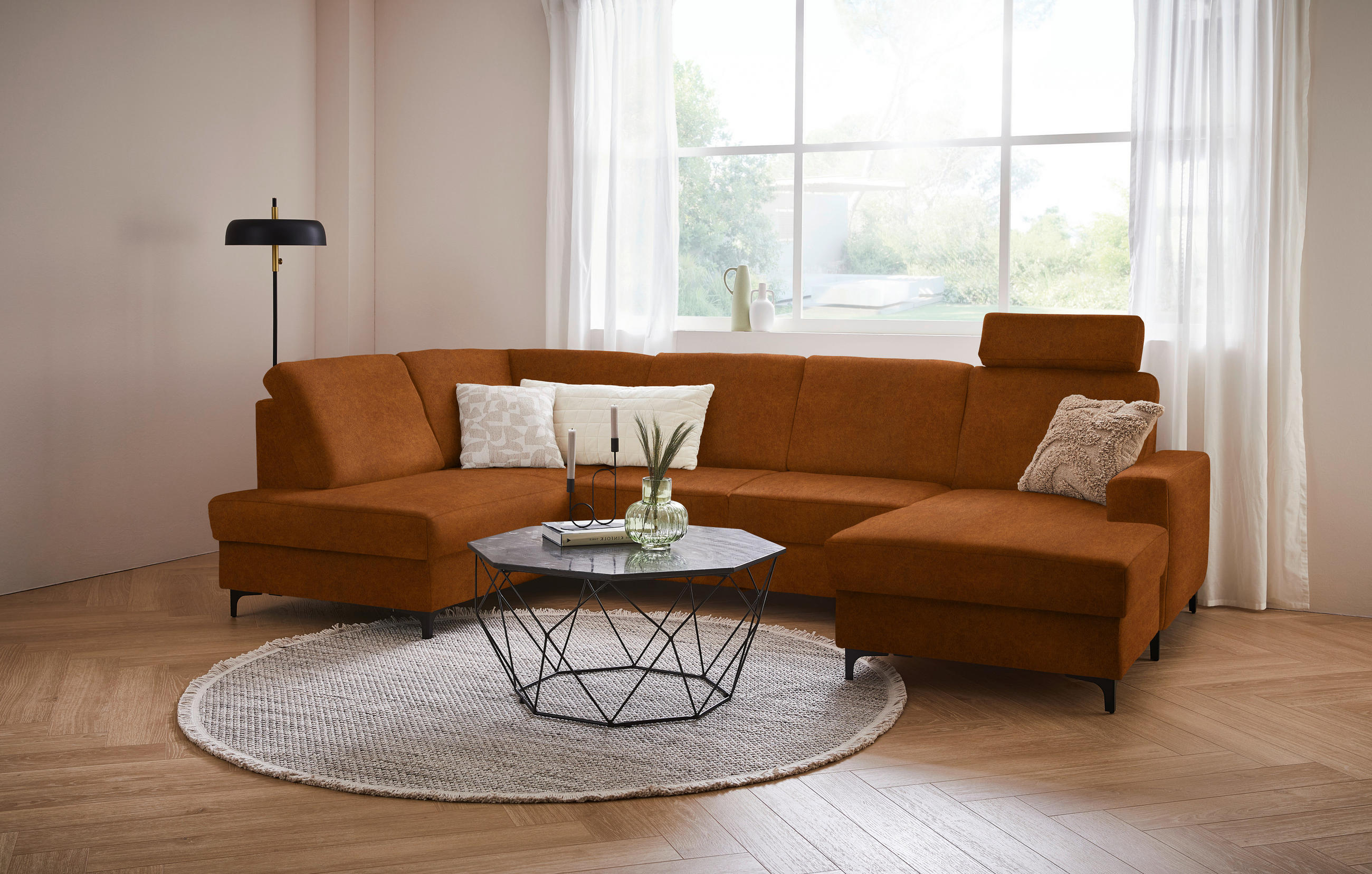 WOHNLANDSCHAFT in Flachgewebe Cognac  - Cognac/Schwarz, Konventionell, Textil/Metall (185/317/167cm) - Stylife