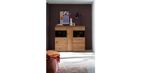 HIGHBOARD Grau, Eichefarben  150/128/37 cm  - Eichefarben/Anthrazit, Natur, Glas/Holz (150/128/37cm) - Linea Natura