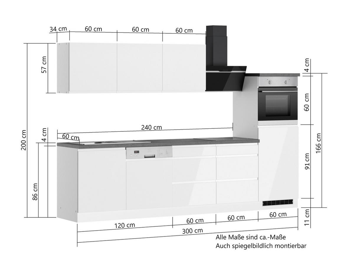 KÜCHENBLOCK 300 cm   in Weiss, Eiche Wotan, Weiss Hochglanz  - Weiss Hochglanz/Weiss, Lifestyle, Holzwerkstoff (300cm) - Held
