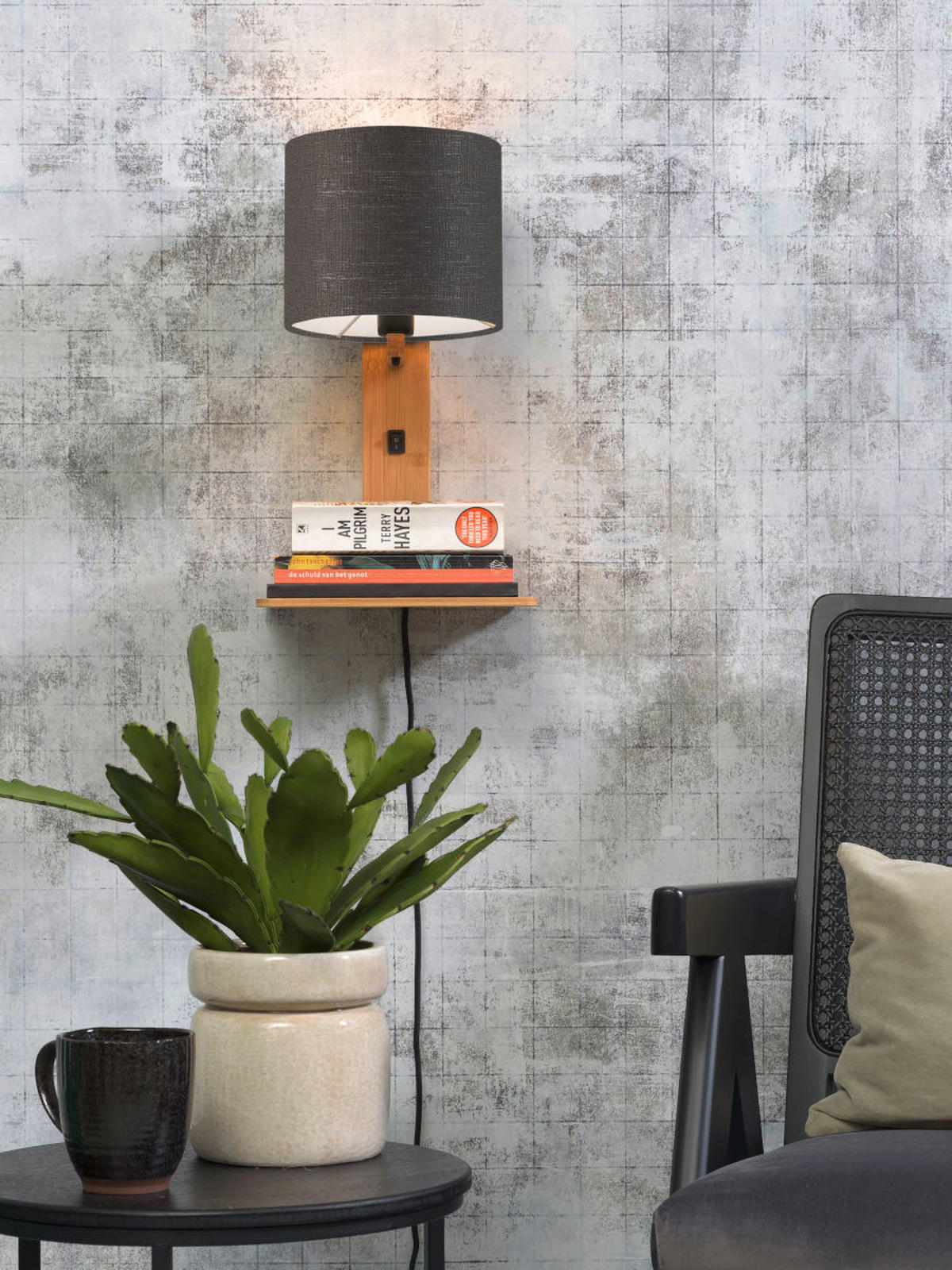 WANDLEUCHTE - Dunkelgrau/Naturfarben, Trend, Holz/Textil (19/24/36cm) - Good & Mojo