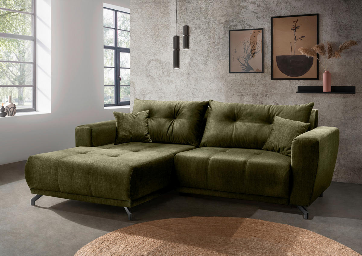 ECKSOFA RESTATO Grün Velours  - Schwarz/Grün, MODERN, Textil/Metall (177/246cm) - MID.YOU