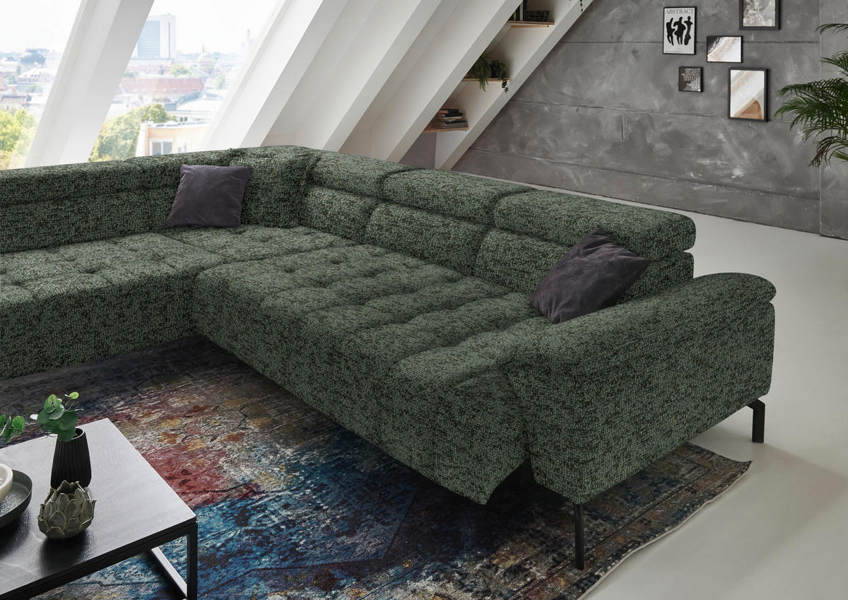 ECKSOFA in Chenille Grün  - Schwarz/Grün, Design, Textil/Metall (222/323cm) - Beldomo Style