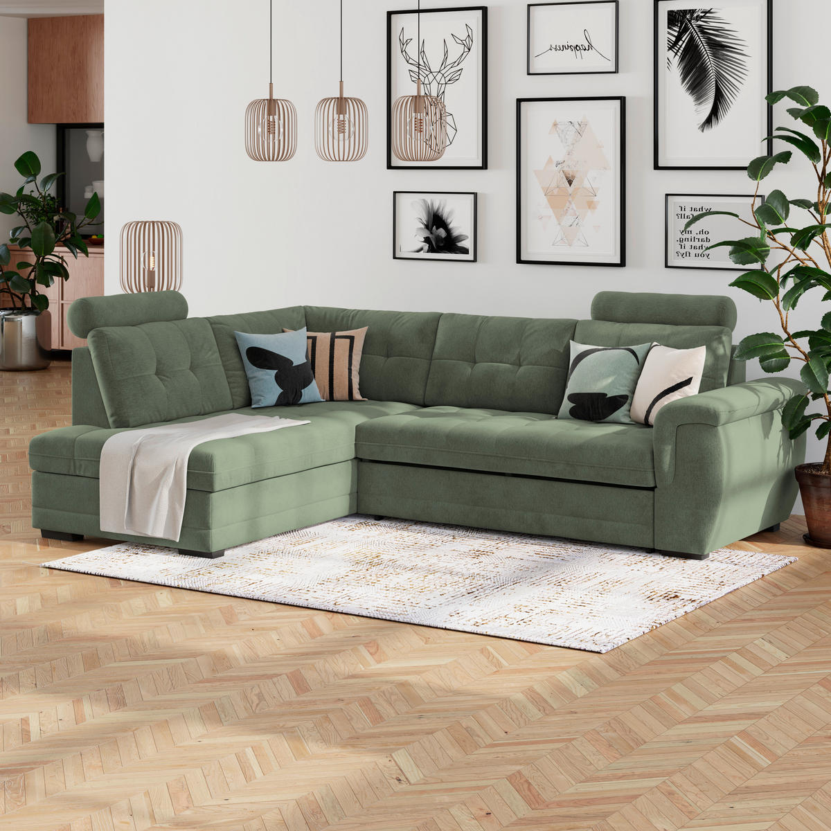 ECKSOFA FALCO NEW Grün Mikrofaser, Struktur Bettkasten, Kopfstütze  - Schwarz/Grün, KONVENTIONELL, Kunststoff/Textil (251/183cm) - MID.YOU