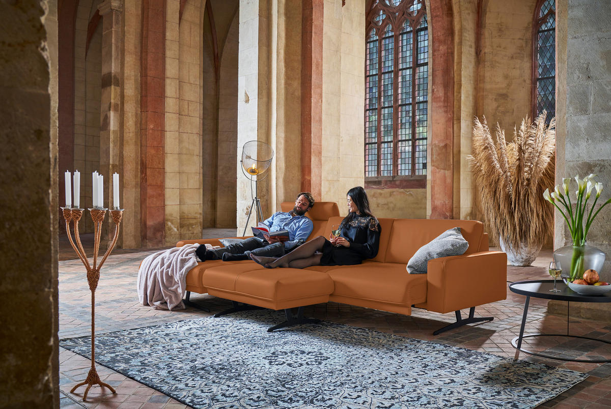 ECKSOFA in Echtleder Cognac  - Cognac/Anthrazit, Konventionell, Leder/Metall (179/324cm) - Johann Jakob