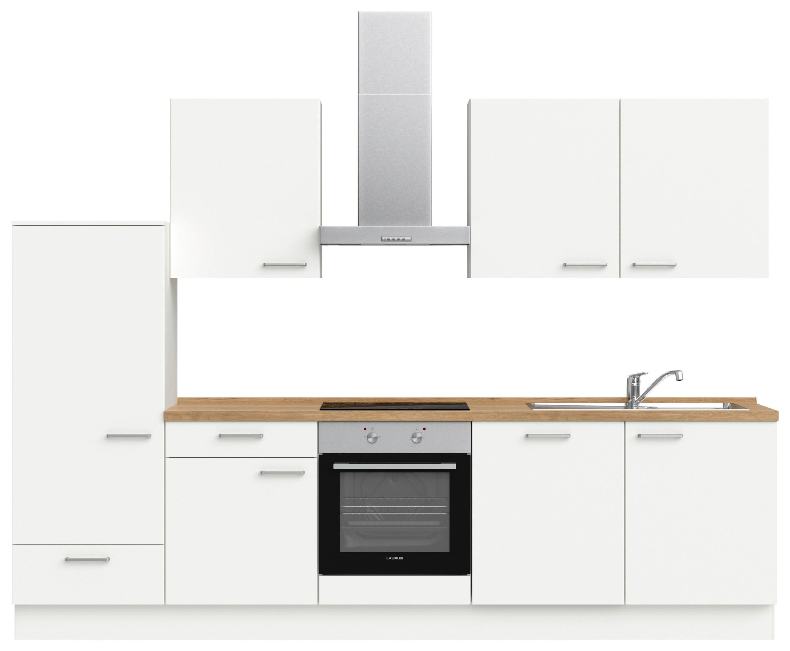 KÜCHENLEERBLOCK 300 cm   in Weiß, Eichefarben  - Edelstahlfarben/Eichefarben, MODERN, Holzwerkstoff/Metall (300cm) - Nobilia