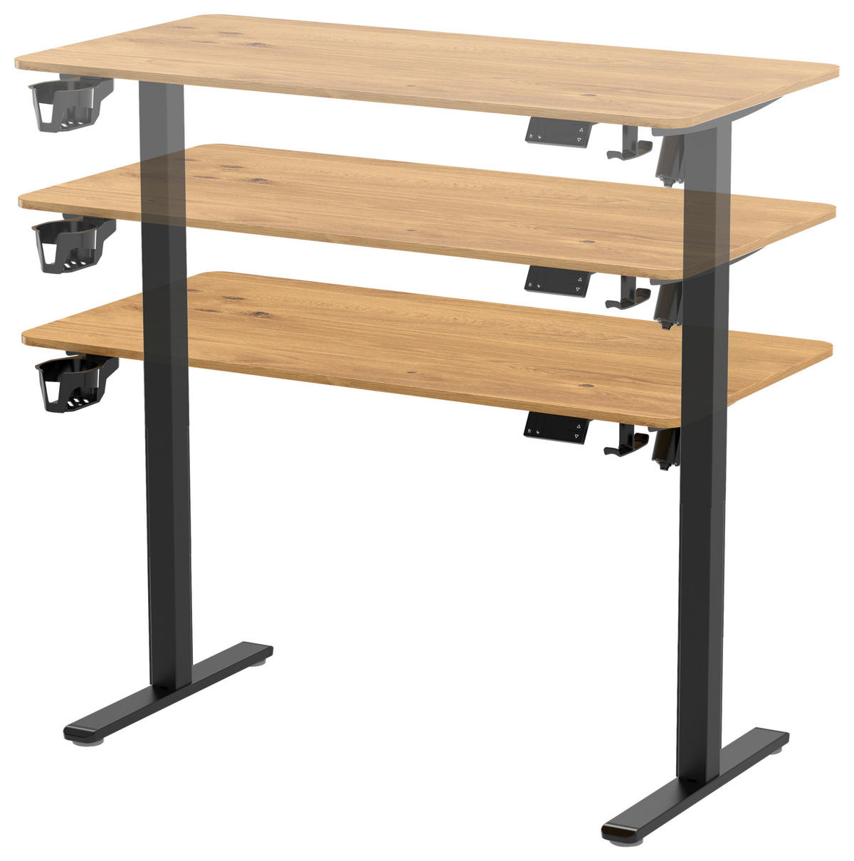 SCHREIBTISCH 120/60/70-115 cm Schwarz, Plankeneiche höhenverstellbar, Memoryschalter, Getränkehalter, Headsethalter elektrisch höhenverstellbar  - Plankeneiche/Schwarz, Modern, Holzwerkstoff/Kunststoff (120/60/70-115cm) - Livetastic