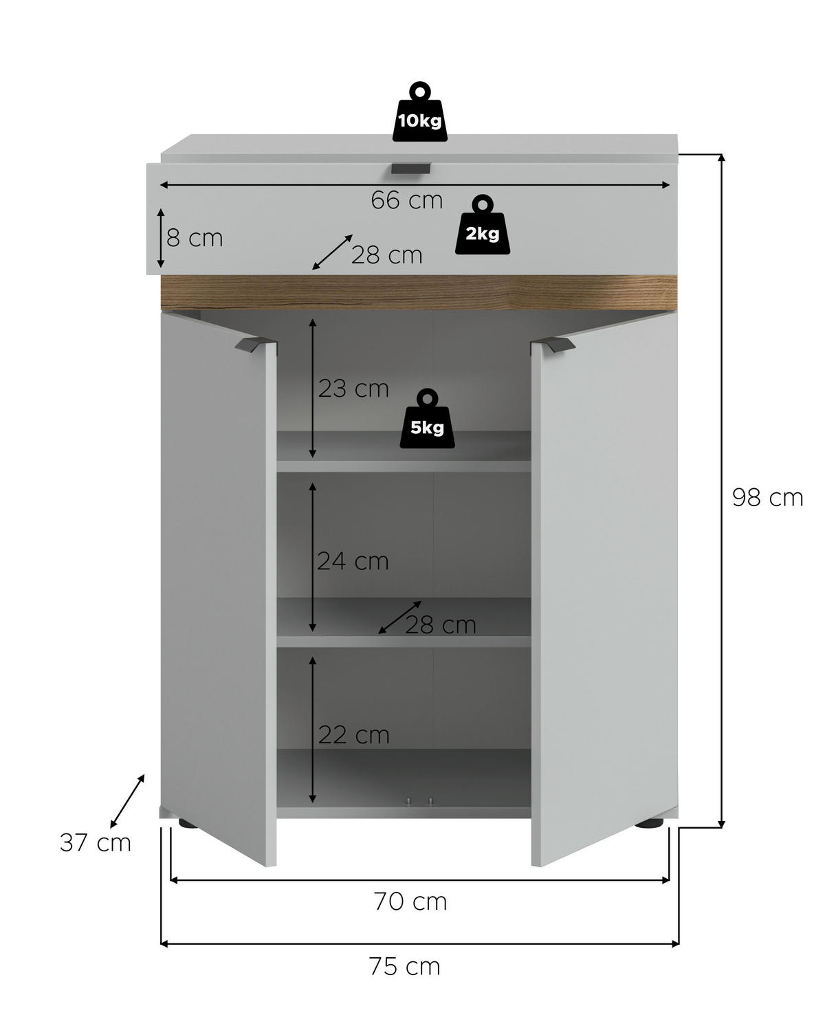SCHUHSCHRANK Grau, Eiche dunkel  - Eiche dunkel/Schwarz, Design, Holzwerkstoff/Kunststoff (75/98/37cm) - Livetastic