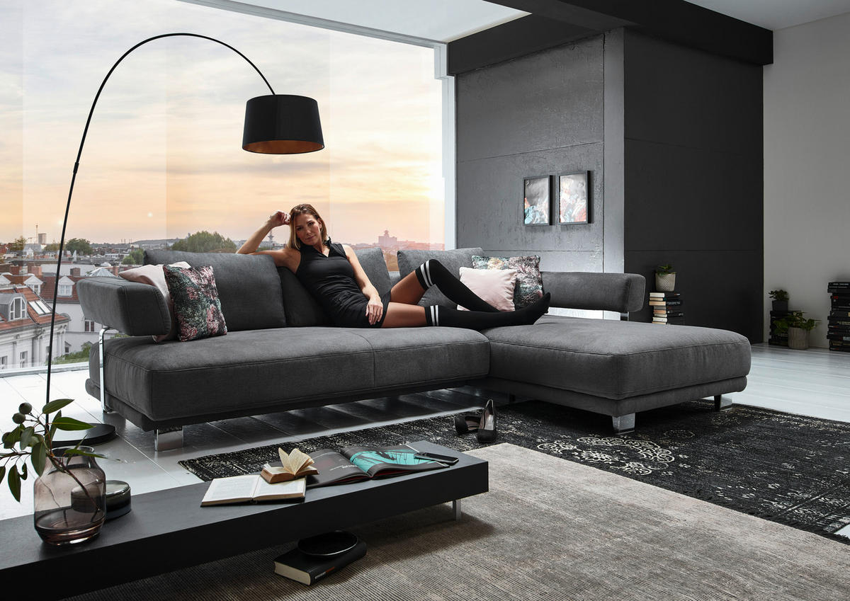 ECKSOFA in Chenille Gelb  - Chromfarben/Gelb, Natur, Textil/Metall (297/214cm) - Valdera