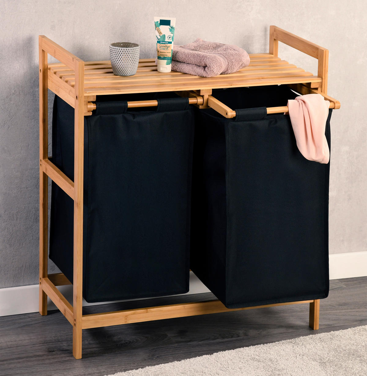 Wäschesammler mit - Schwarz/Naturfarben, Basics, Naturmaterialien/Textil (64/73/33cm) - Kesper