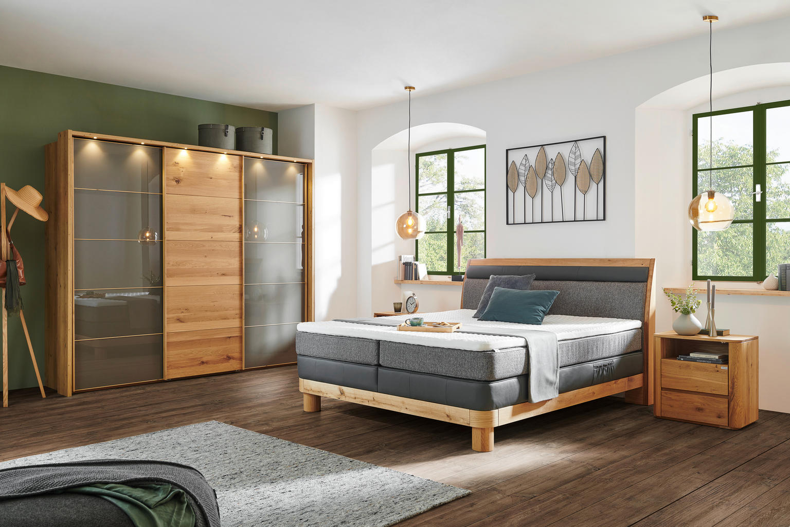 BOXSPRINGBETT 160/200 cm in Grau, Eichefarben, Dunkelgrau - Einrichtungsbeispiel