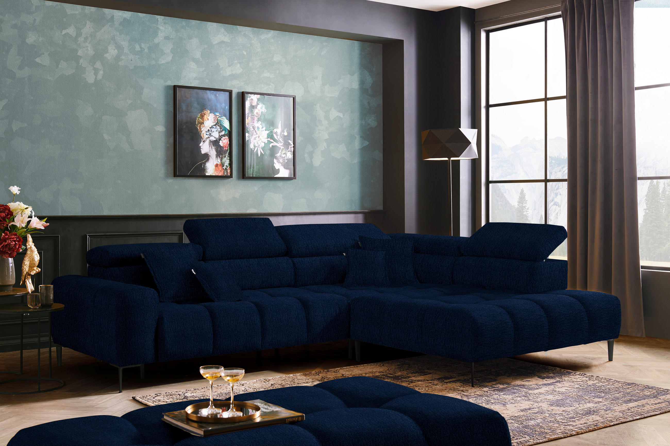 ECKSOFA in Samt, Webstoff Dunkelblau  - Schwarz/Dunkelblau, Design, Textil/Metall (300/216cm) - Welnova