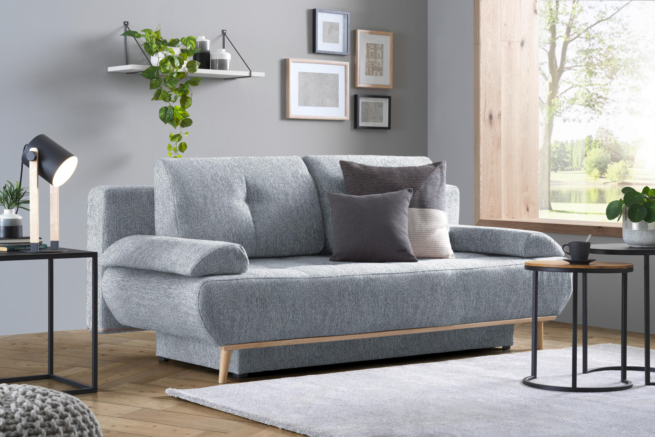 SCHLAFSOFA Flachgewebe Grau  - Beige/Naturfarben, Design, Holz/Textil (200/71/95cm) - Novel