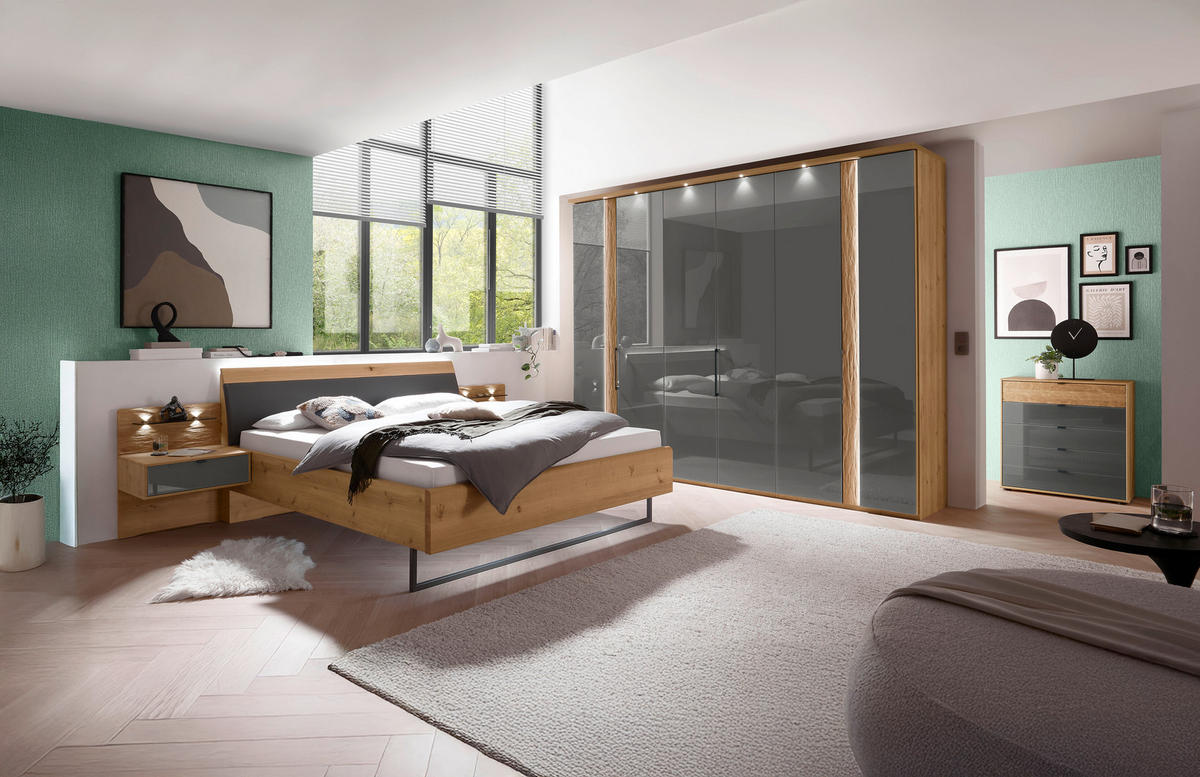 POSTELJNA GARNITURA  200 cm  x  180 cm , les, steklo, tekstil, leseni material hrast bianco, lava siva  - hrast bianco/lava siva, Design, steklo/tekstil (180/200cm) - Dieter Knoll